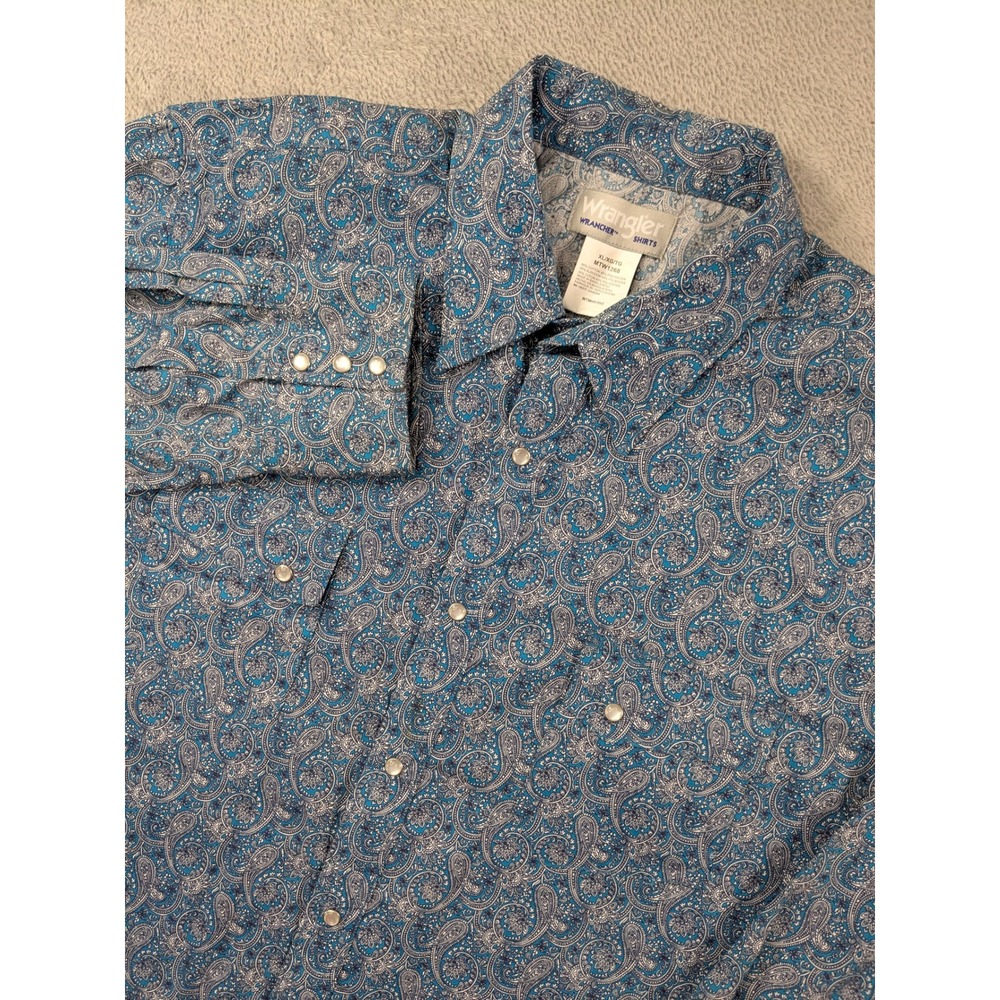 Wrangler Wrancher Mens XL Western Snap Paisley Shirt Teal Navy Gray MTW1268